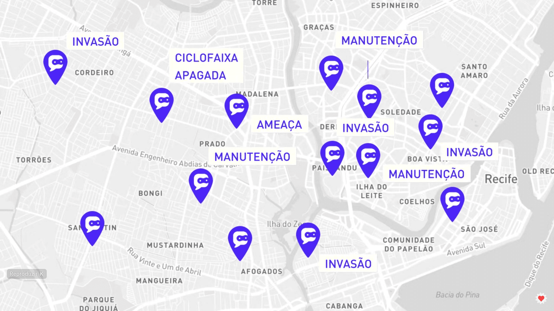 Mapa do Recife com marcadores de ocorrências registradas pelo BiciBot, como invasão, manutenção e ameaça